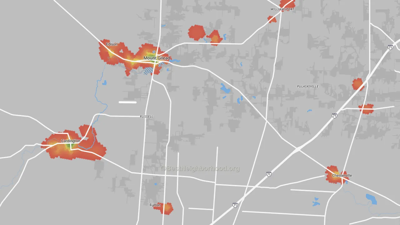 Walk Grade map of Morrow County, OH, walkable areas in green and car-dependent areas in red