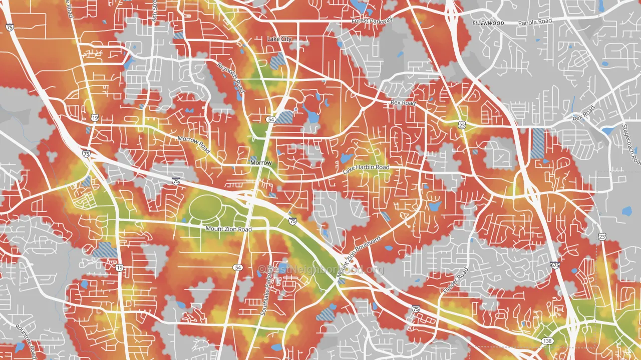Walk Grade map of Morrow, GA, walkable areas in green and car-dependent areas in red
