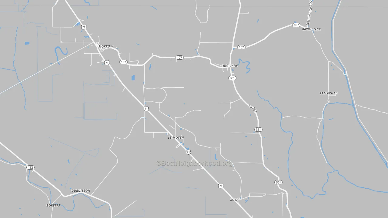 Walk Grade map of Morrow, LA, walkable areas in green and car-dependent areas in red