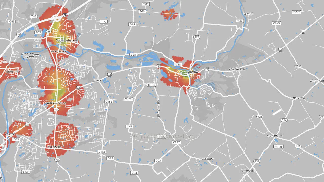 Walk Grade map of Morrow, OH, walkable areas in green and car-dependent areas in red