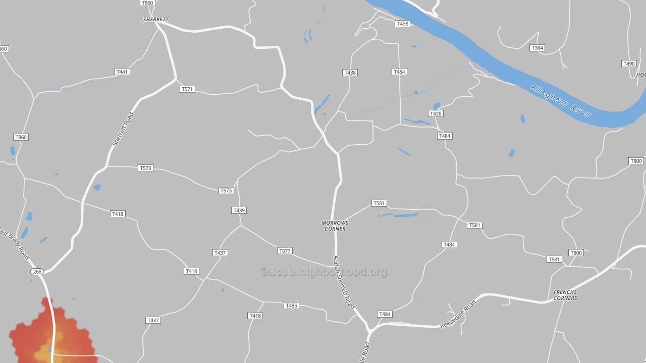 Walk Grade map of Morrows Corner, PA, walkable areas in green and car-dependent areas in red