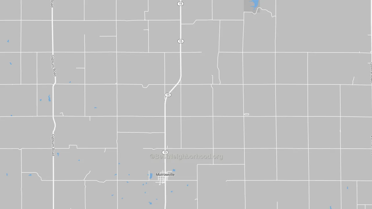 Walk Grade map of Morrowville, KS, walkable areas in green and car-dependent areas in red