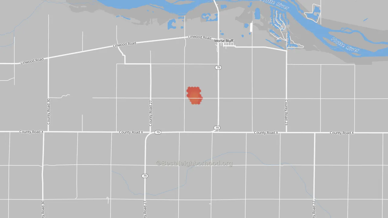 Walk Grade map of Morse Bluff, NE, walkable areas in green and car-dependent areas in red
