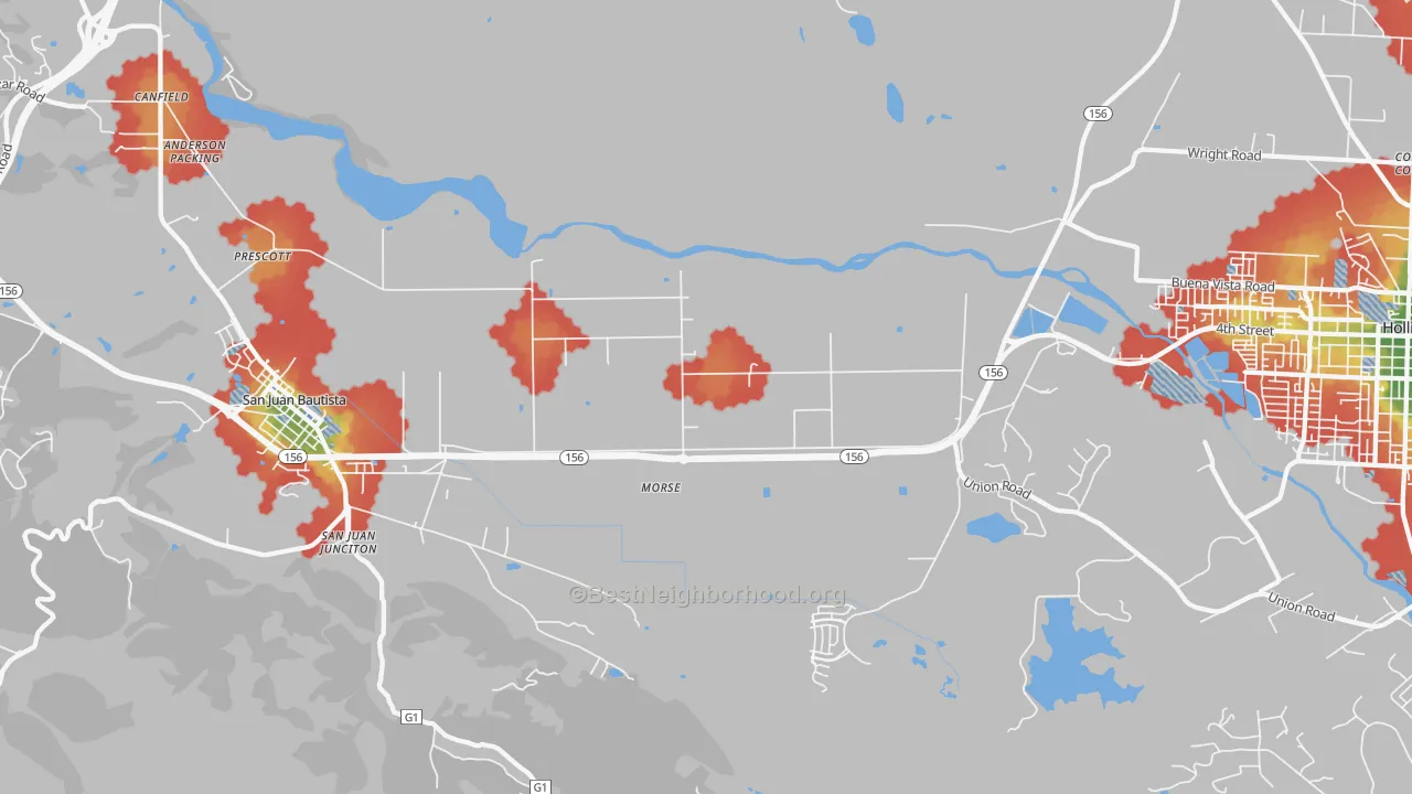 Walk Grade map of Morse, CA, walkable areas in green and car-dependent areas in red