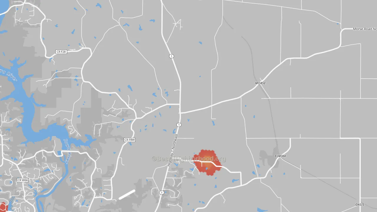 Walk Grade map of Morse, IA, walkable areas in green and car-dependent areas in red