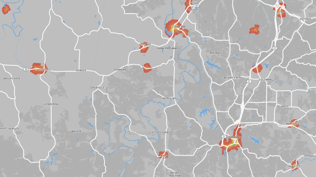 Walk Grade map of Morse Mill, MO, walkable areas in green and car-dependent areas in red