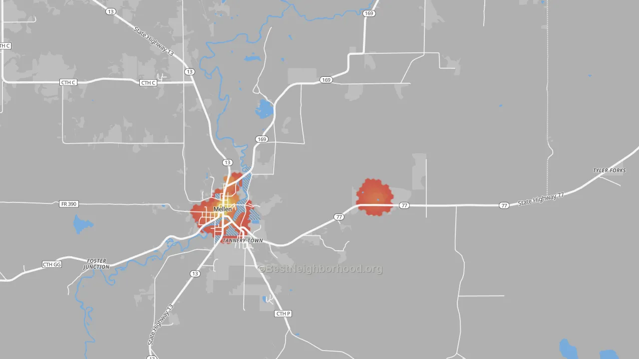 Walk Grade map of Morse, WI, walkable areas in green and car-dependent areas in red