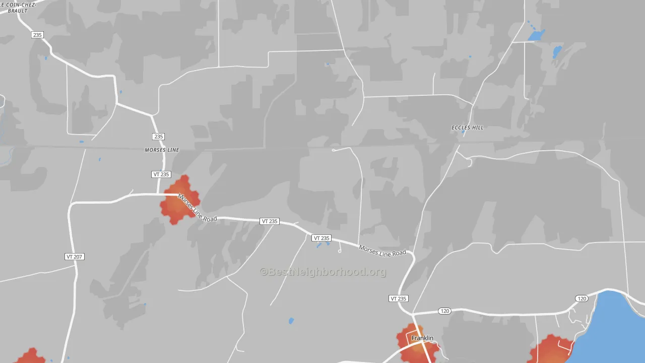 Walk Grade map of Morses Line, VT, walkable areas in green and car-dependent areas in red