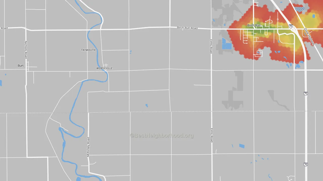 Walk Grade map of Morseville, MI, walkable areas in green and car-dependent areas in red