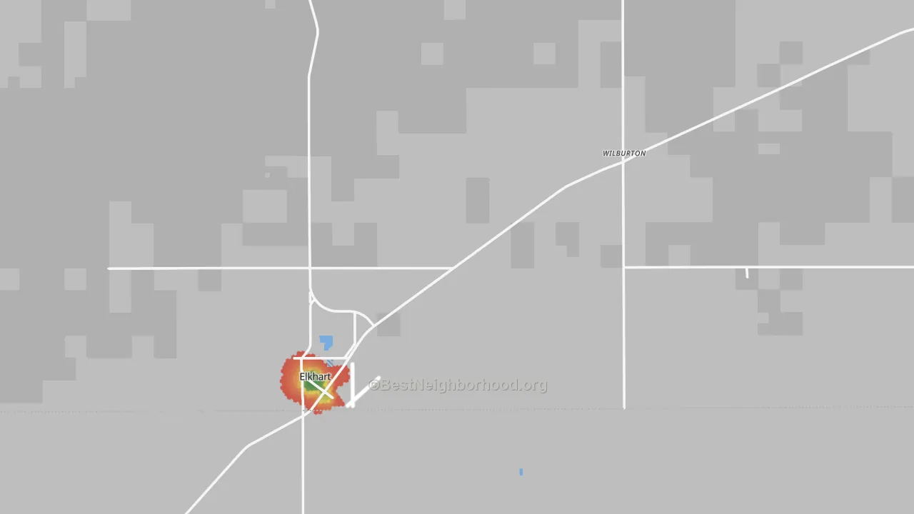 Walk Grade map of Morton County, KS, walkable areas in green and car-dependent areas in red