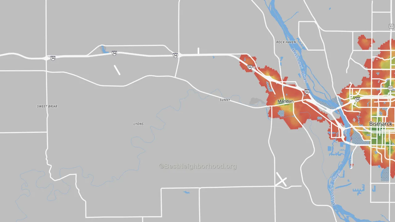 Walk Grade map of Morton County, ND, walkable areas in green and car-dependent areas in red
