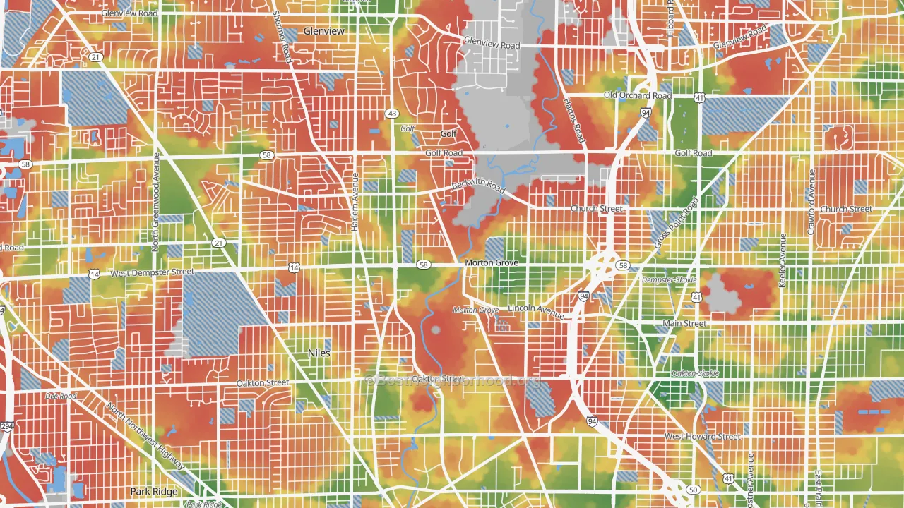 Walk Grade map of Morton Grove, IL, walkable areas in green and car-dependent areas in red