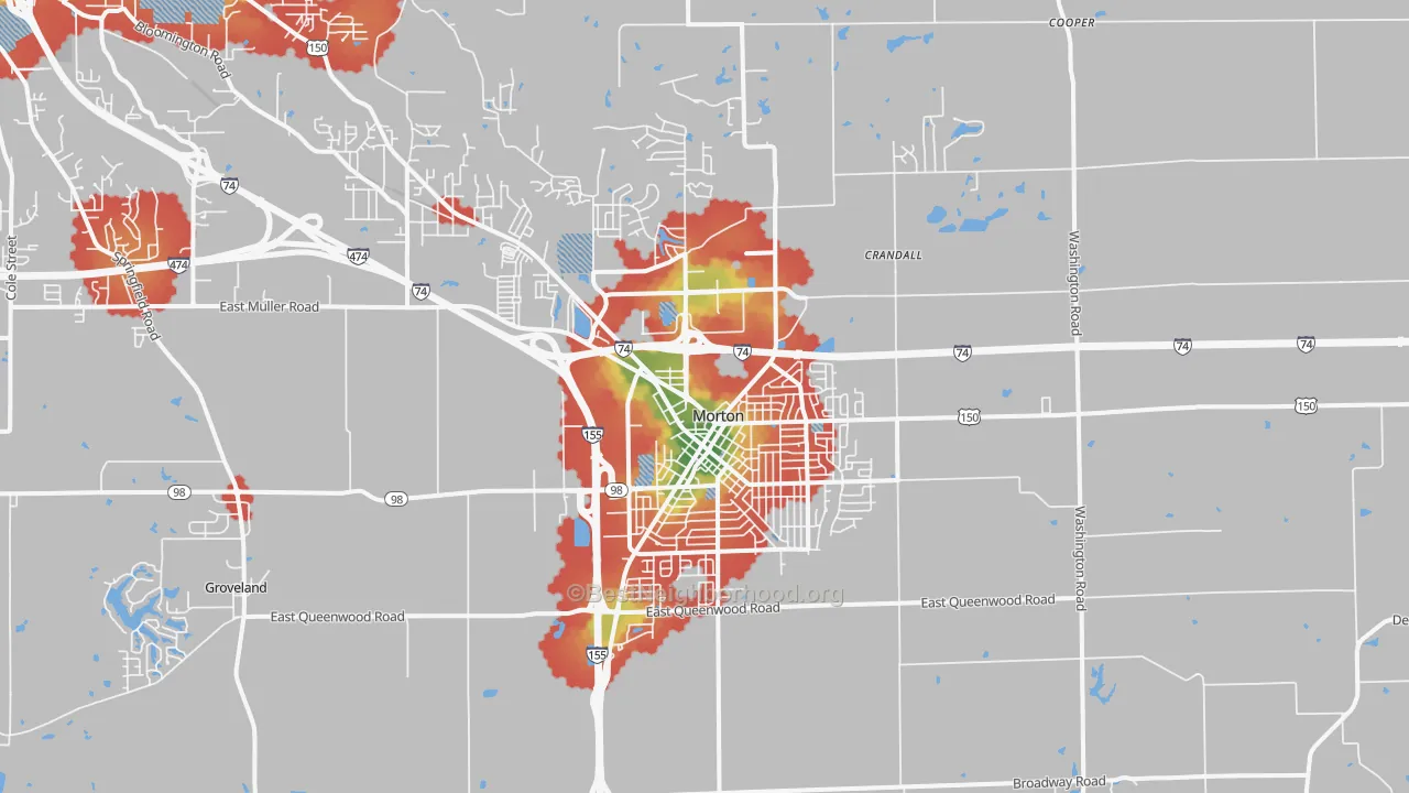Walk Grade map of Morton, IL, walkable areas in green and car-dependent areas in red