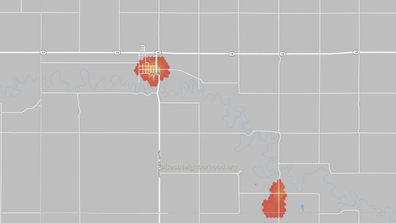 Walk Grade map of Morton, KS, walkable areas in green and car-dependent areas in red