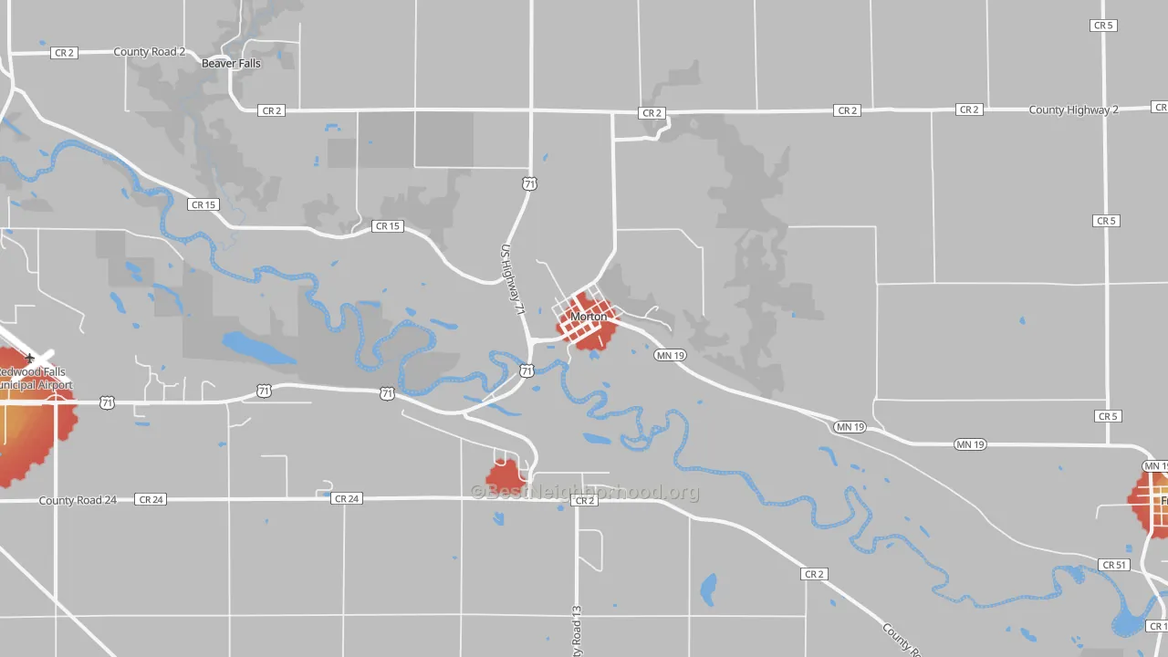 Walk Grade map of Morton, MN, walkable areas in green and car-dependent areas in red