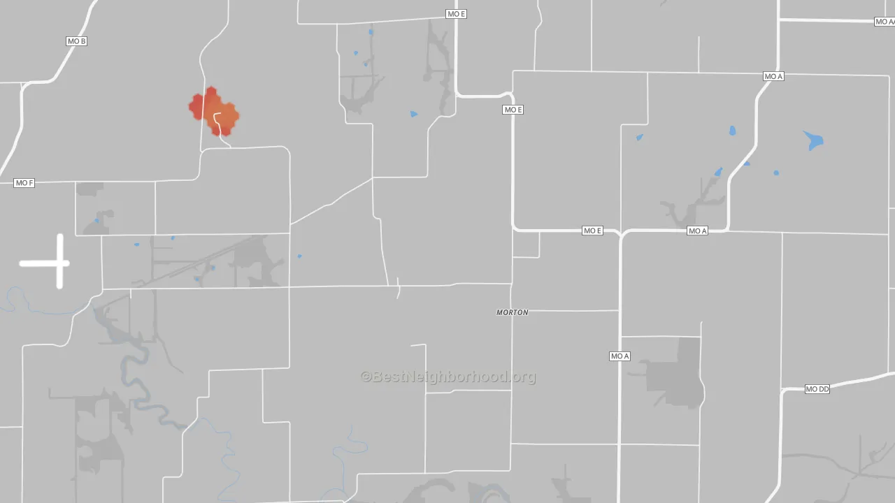 Walk Grade map of Morton, MO, walkable areas in green and car-dependent areas in red