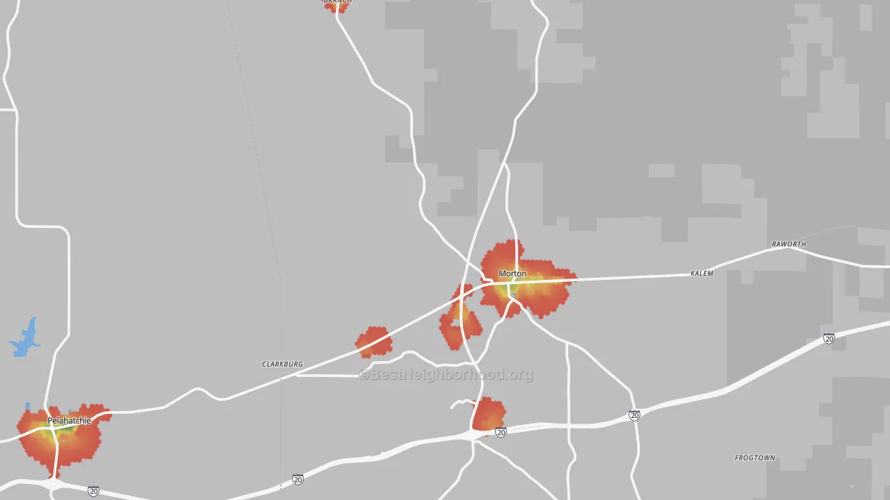 Walk Grade map of Morton, MS, walkable areas in green and car-dependent areas in red