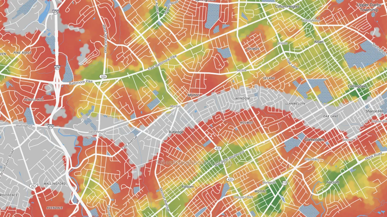 Walk Grade map of Morton, PA, walkable areas in green and car-dependent areas in red