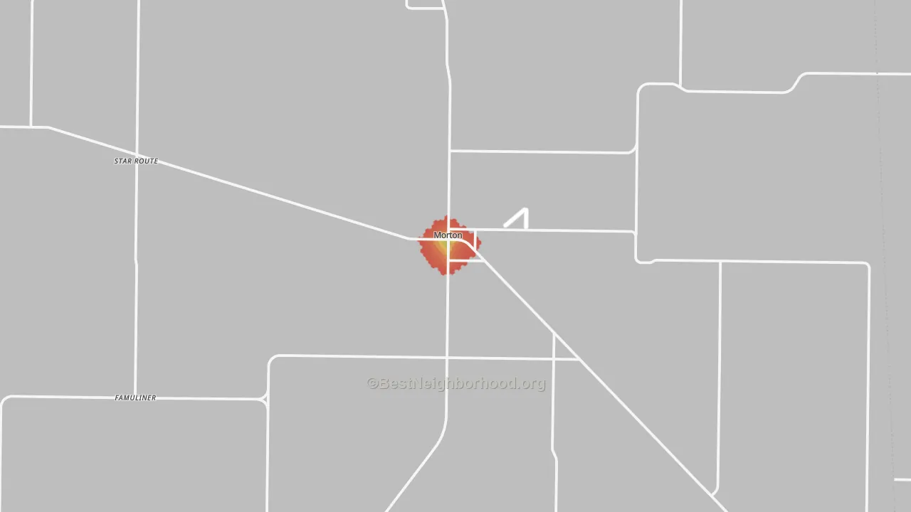 Walk Grade map of Morton, TX, walkable areas in green and car-dependent areas in red