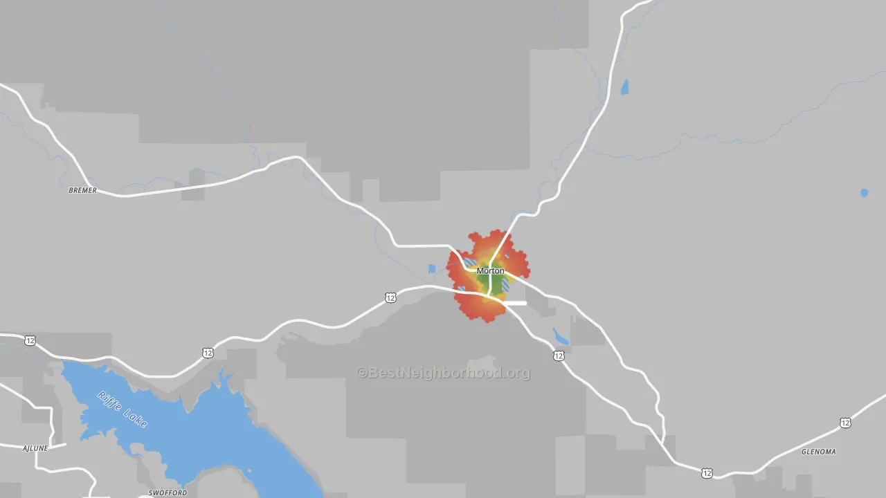 Walk Grade map of Morton, WA, walkable areas in green and car-dependent areas in red