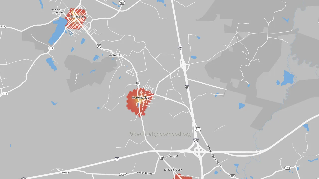 Walk Grade map of Mortons Gap, KY, walkable areas in green and car-dependent areas in red