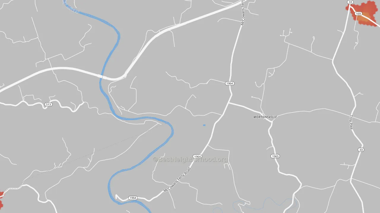 Walk Grade map of Mortonsville, KY, walkable areas in green and car-dependent areas in red