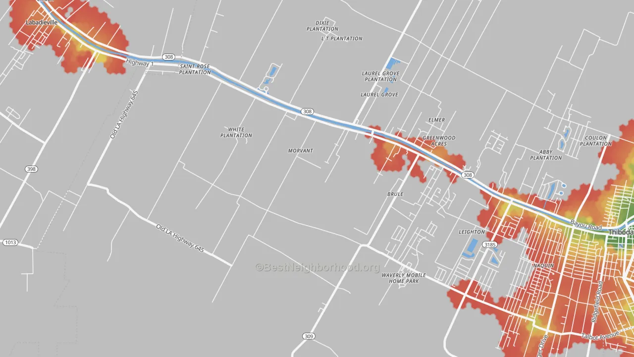 Walk Grade map of Morvant, LA, walkable areas in green and car-dependent areas in red