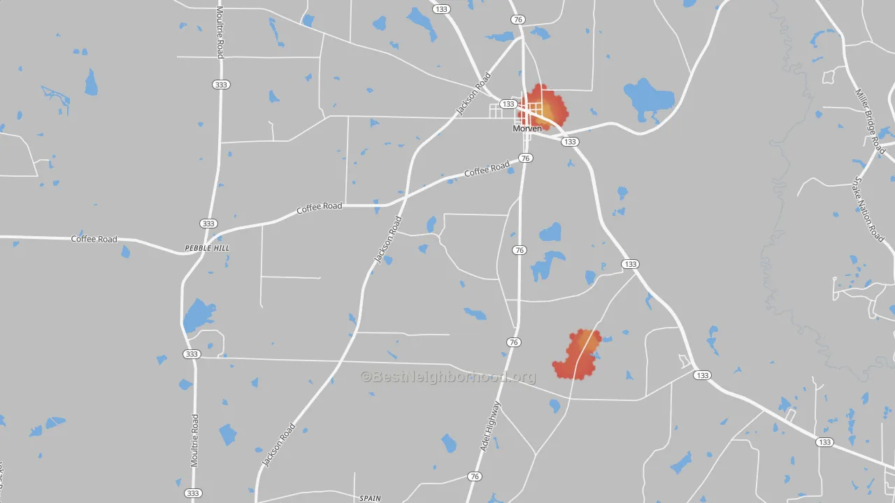 Walk Grade map of Morven, GA, walkable areas in green and car-dependent areas in red