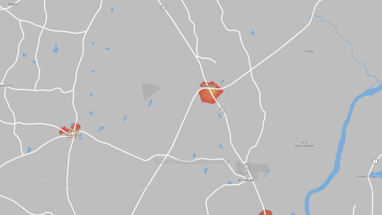 Walk Grade map of Morven, NC, walkable areas in green and car-dependent areas in red
