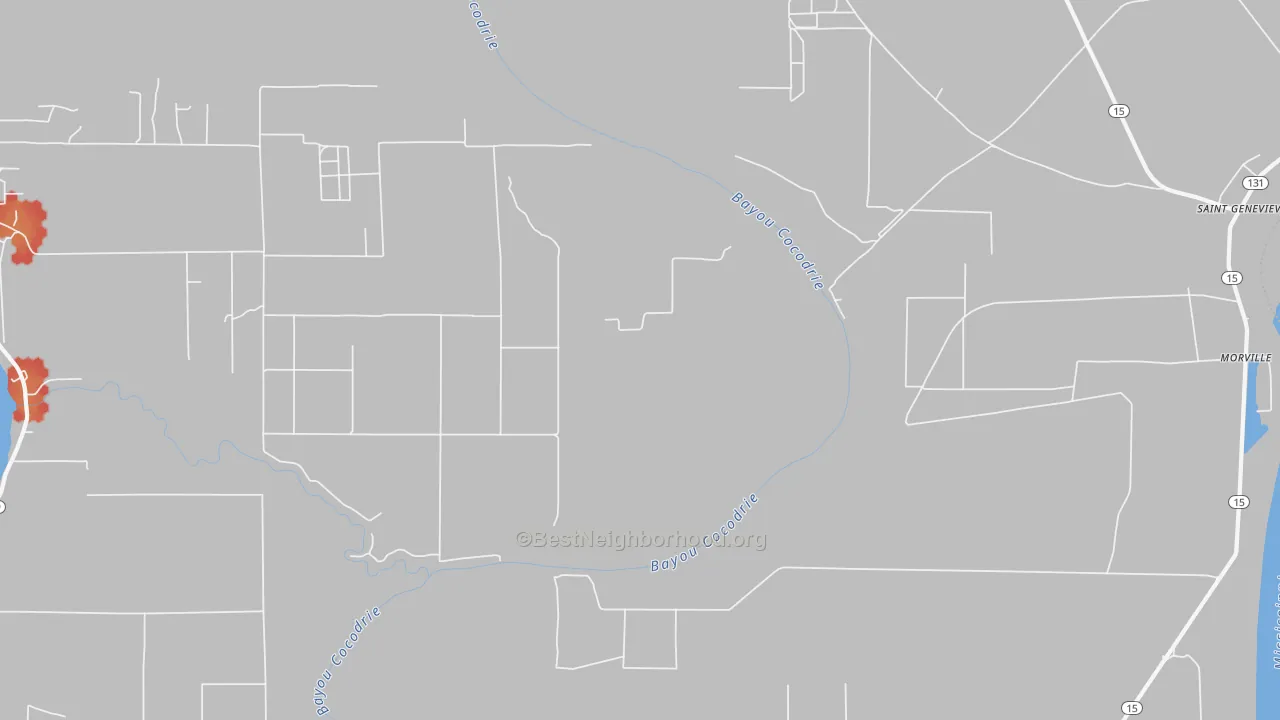 Walk Grade map of Morville, LA, walkable areas in green and car-dependent areas in red
