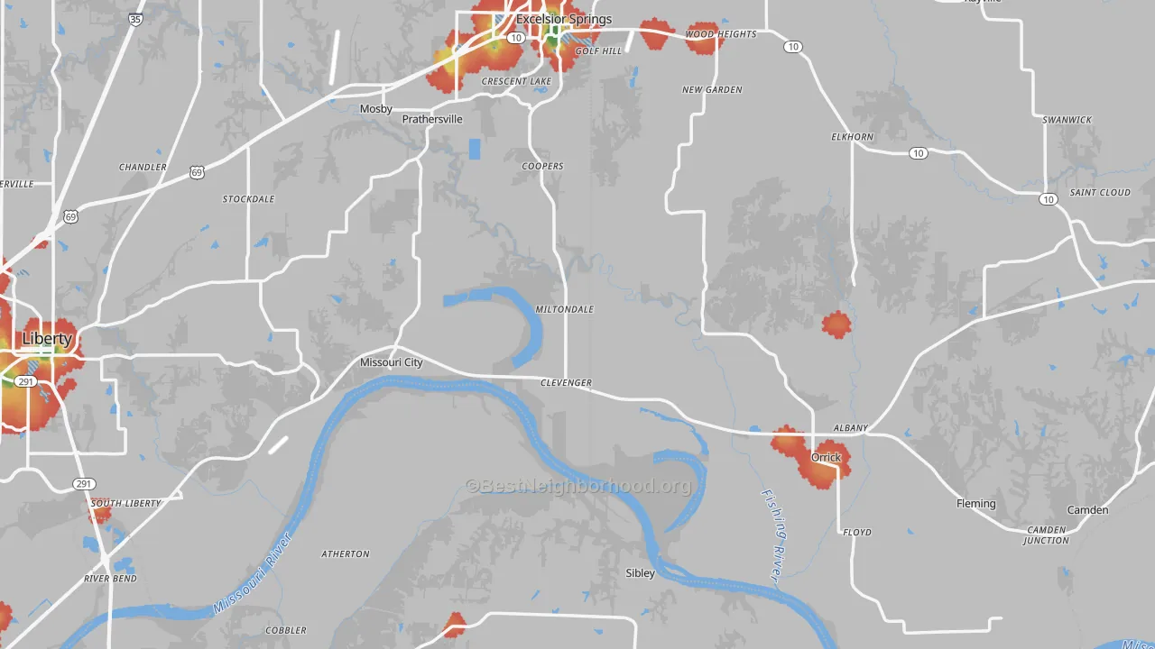 Walk Grade map of Mosby, MO, walkable areas in green and car-dependent areas in red
