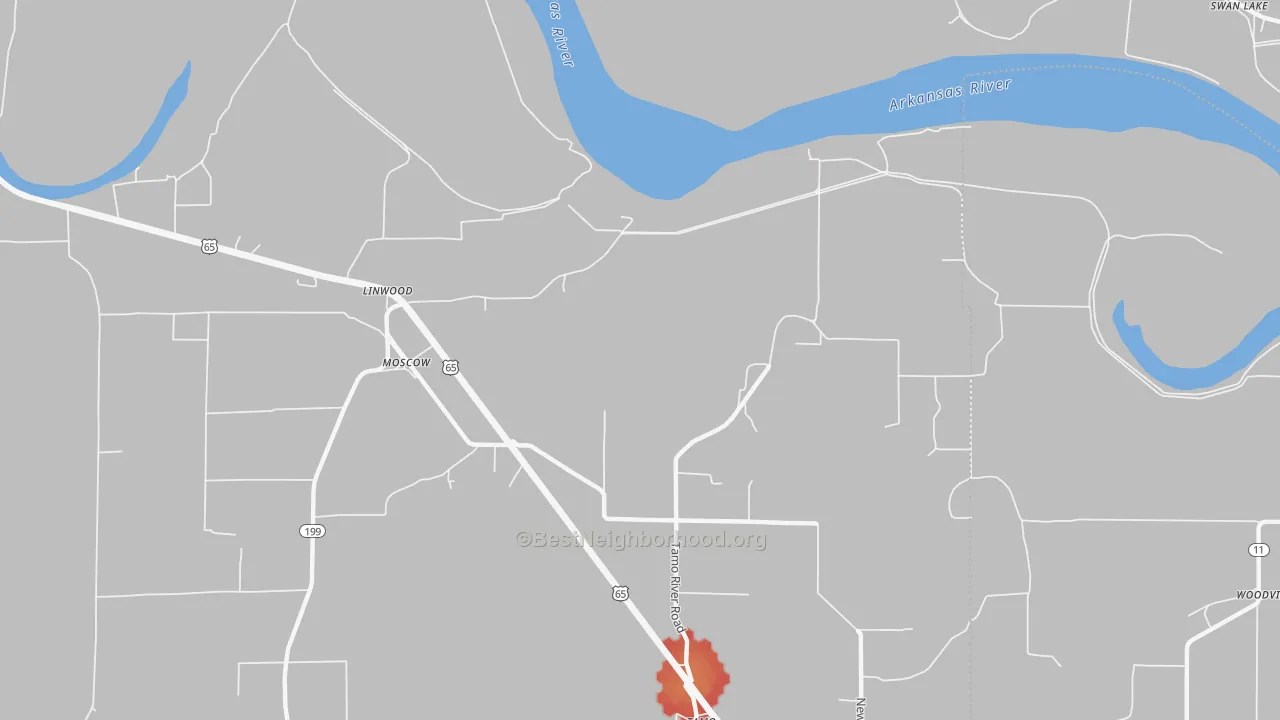 Walk Grade map of Moscow, AR, walkable areas in green and car-dependent areas in red