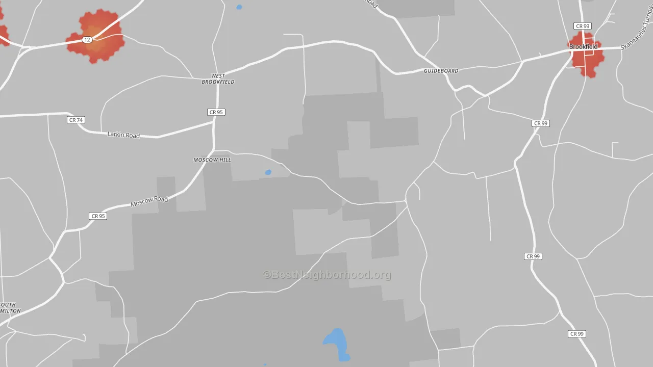 Walk Grade map of Moscow Hill, NY, walkable areas in green and car-dependent areas in red