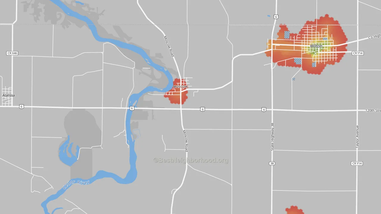 Walk Grade map of Moscow, IA, walkable areas in green and car-dependent areas in red