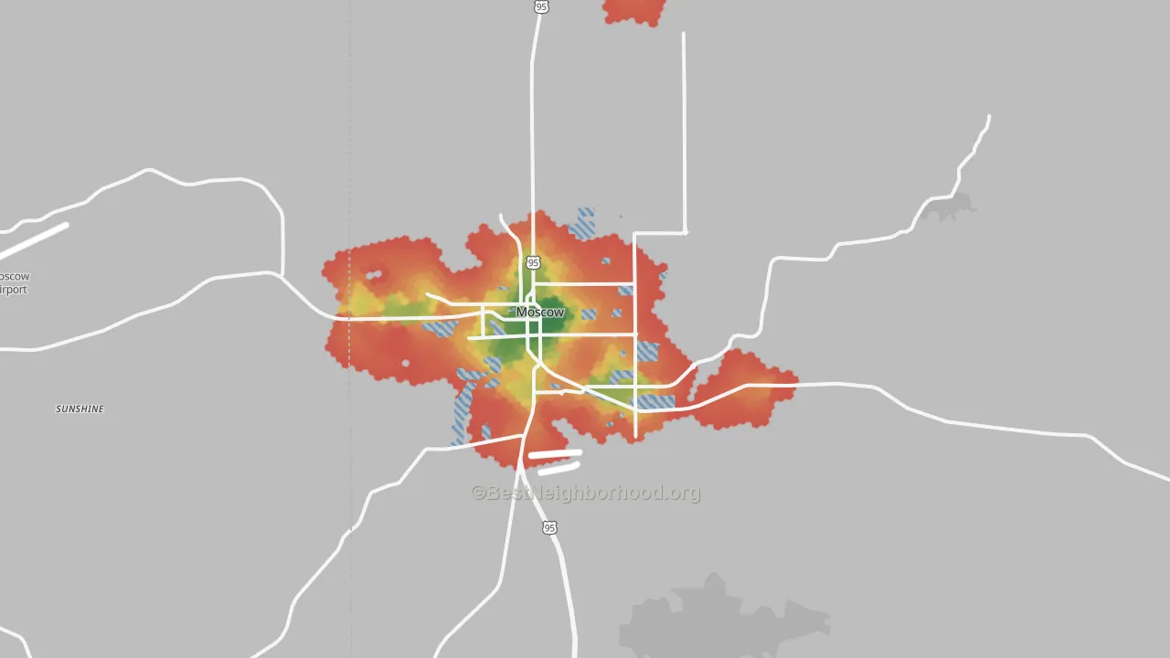 Walk Grade map of Moscow, ID, walkable areas in green and car-dependent areas in red