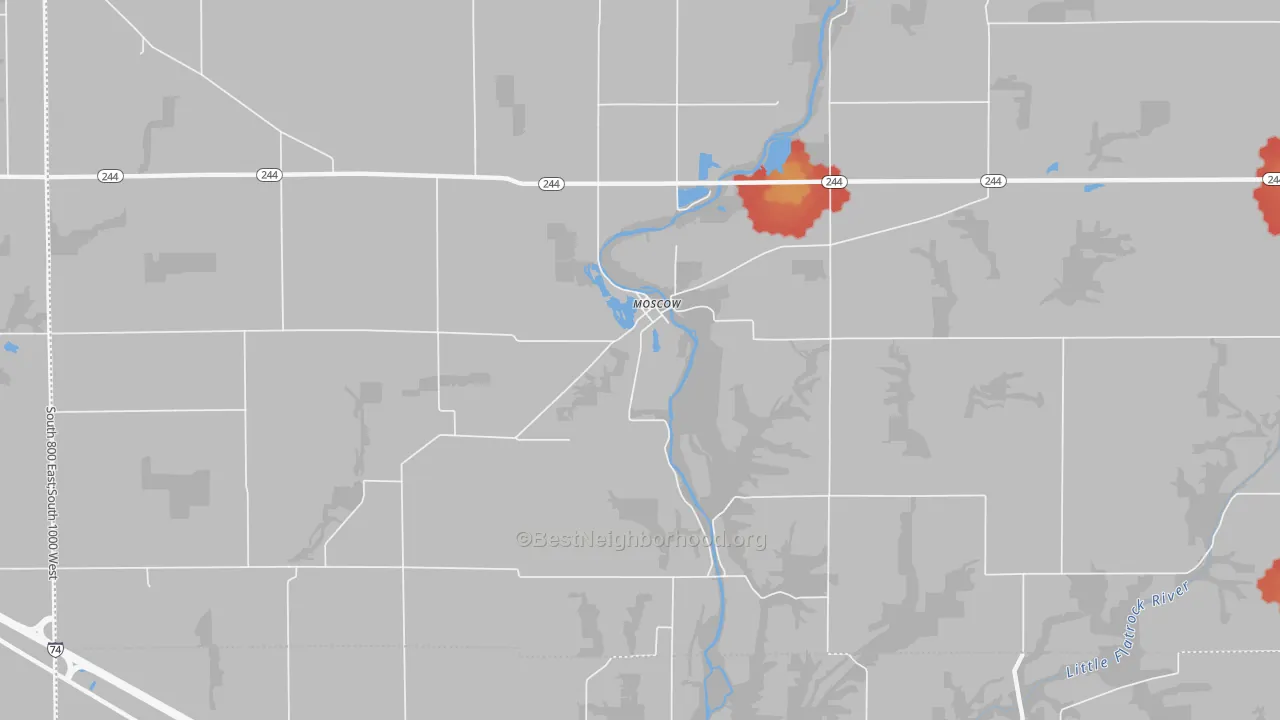 Walk Grade map of Moscow, IN, walkable areas in green and car-dependent areas in red
