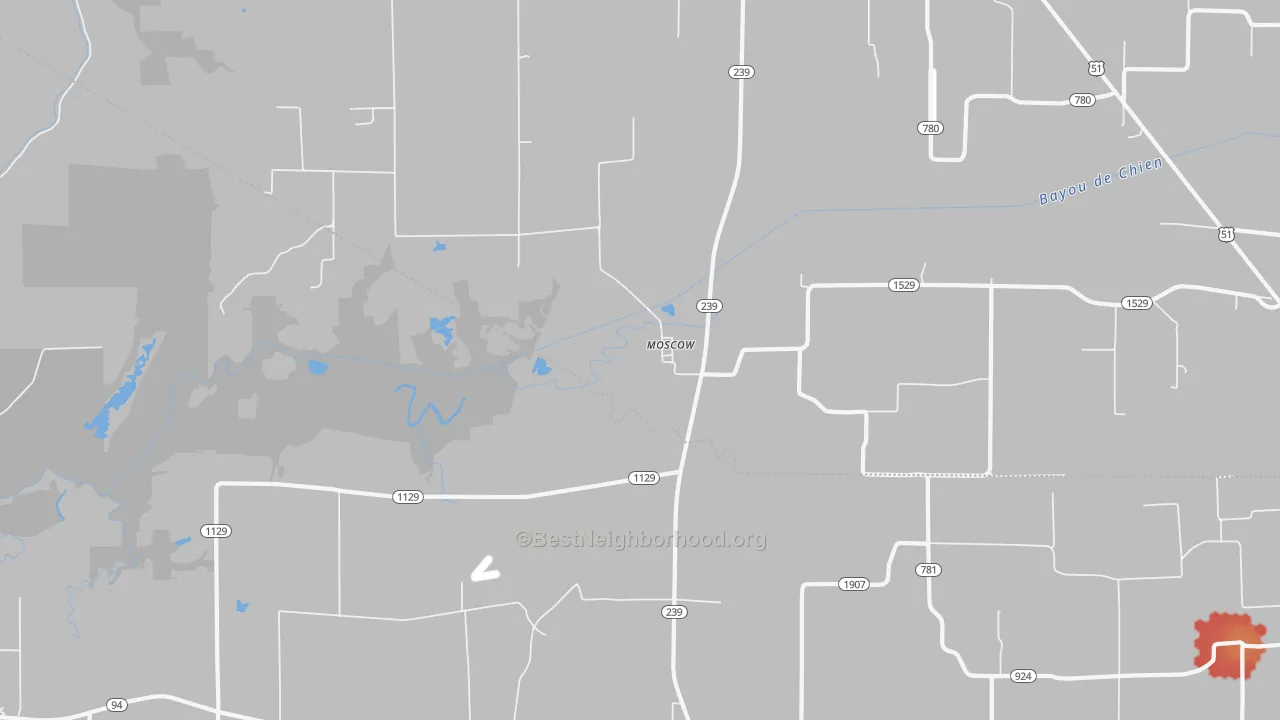 Walk Grade map of Moscow, KY, walkable areas in green and car-dependent areas in red