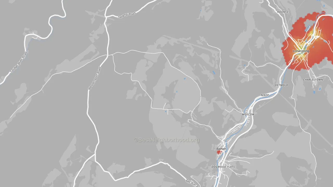 Walk Grade map of Moscow, MD, walkable areas in green and car-dependent areas in red