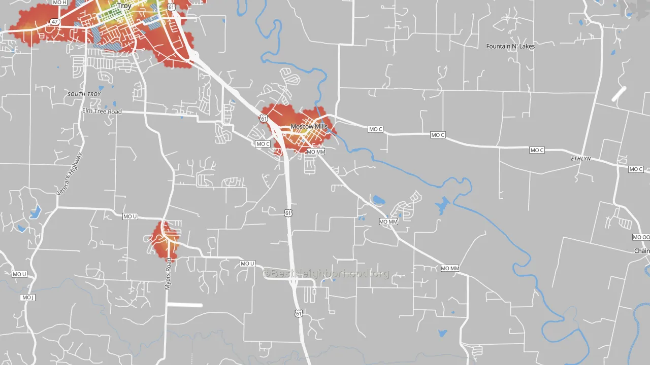 Walk Grade map of Moscow Mills, MO, walkable areas in green and car-dependent areas in red