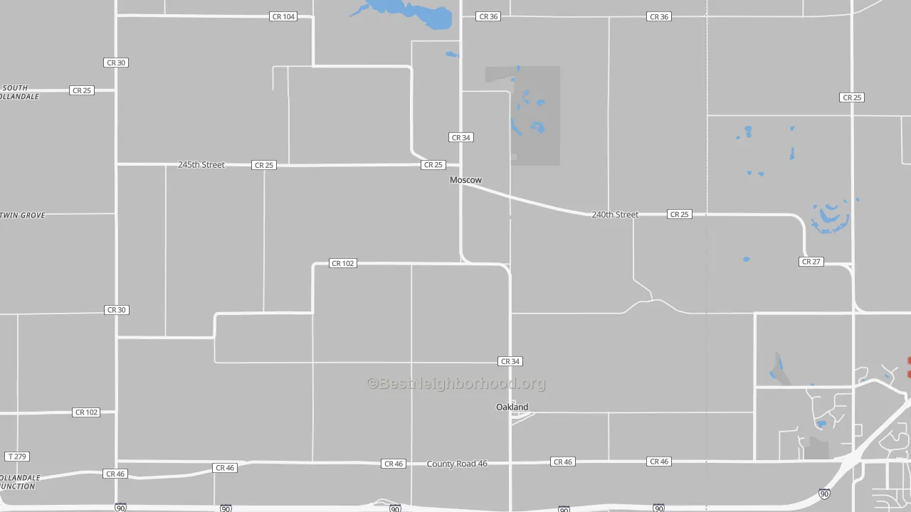 Walk Grade map of Moscow, MN, walkable areas in green and car-dependent areas in red