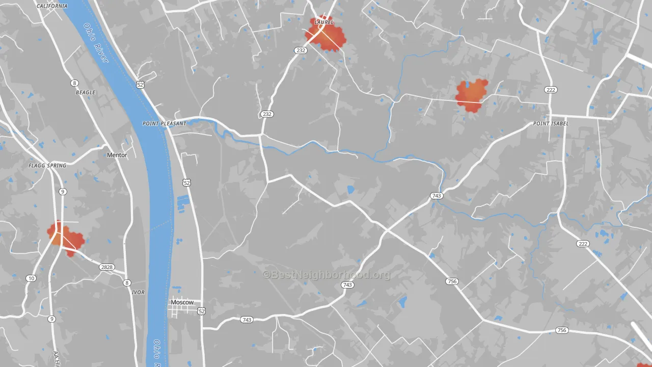 Walk Grade map of Moscow, OH, walkable areas in green and car-dependent areas in red