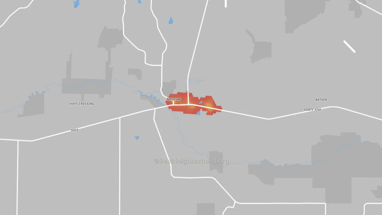 Walk Grade map of Moscow, TN, walkable areas in green and car-dependent areas in red