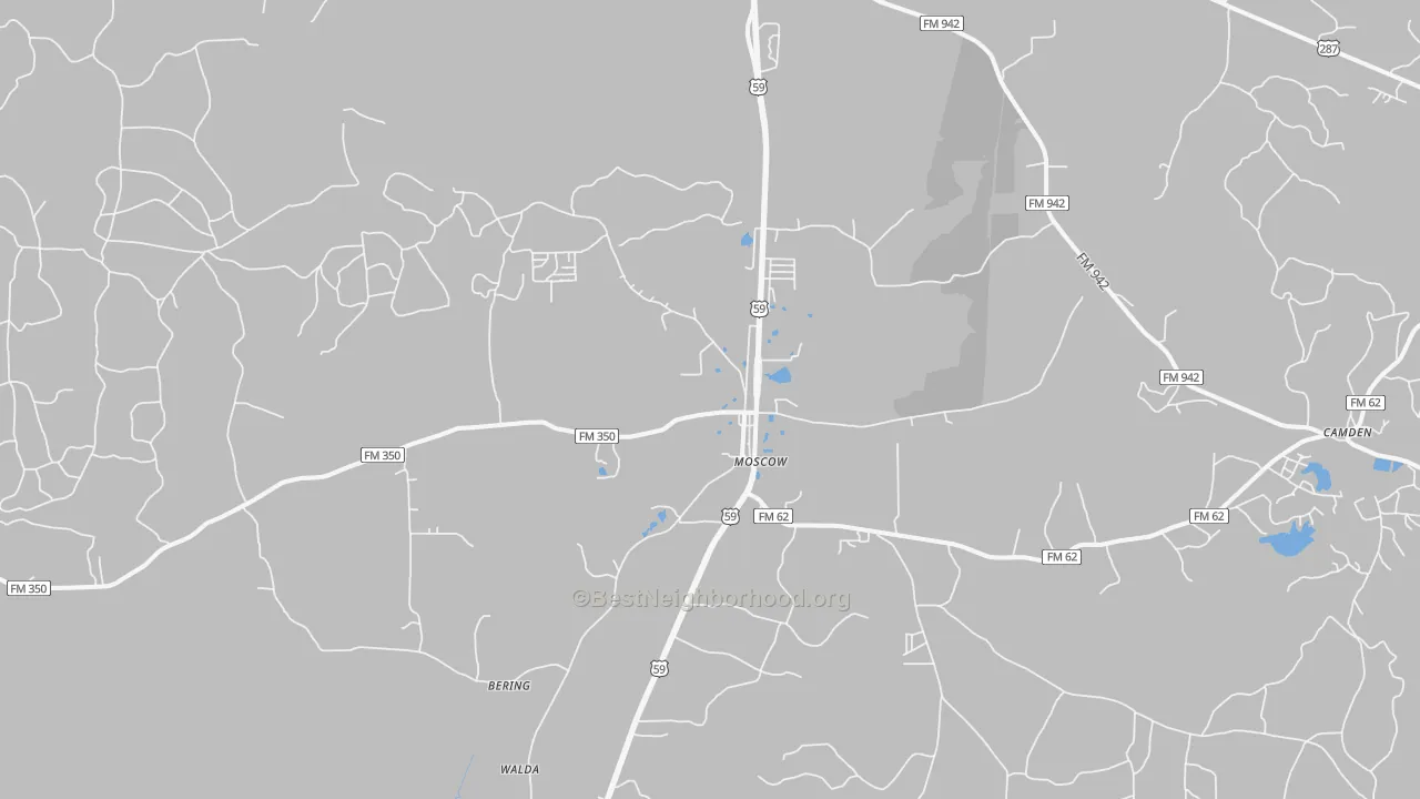 Walk Grade map of Moscow, TX, walkable areas in green and car-dependent areas in red