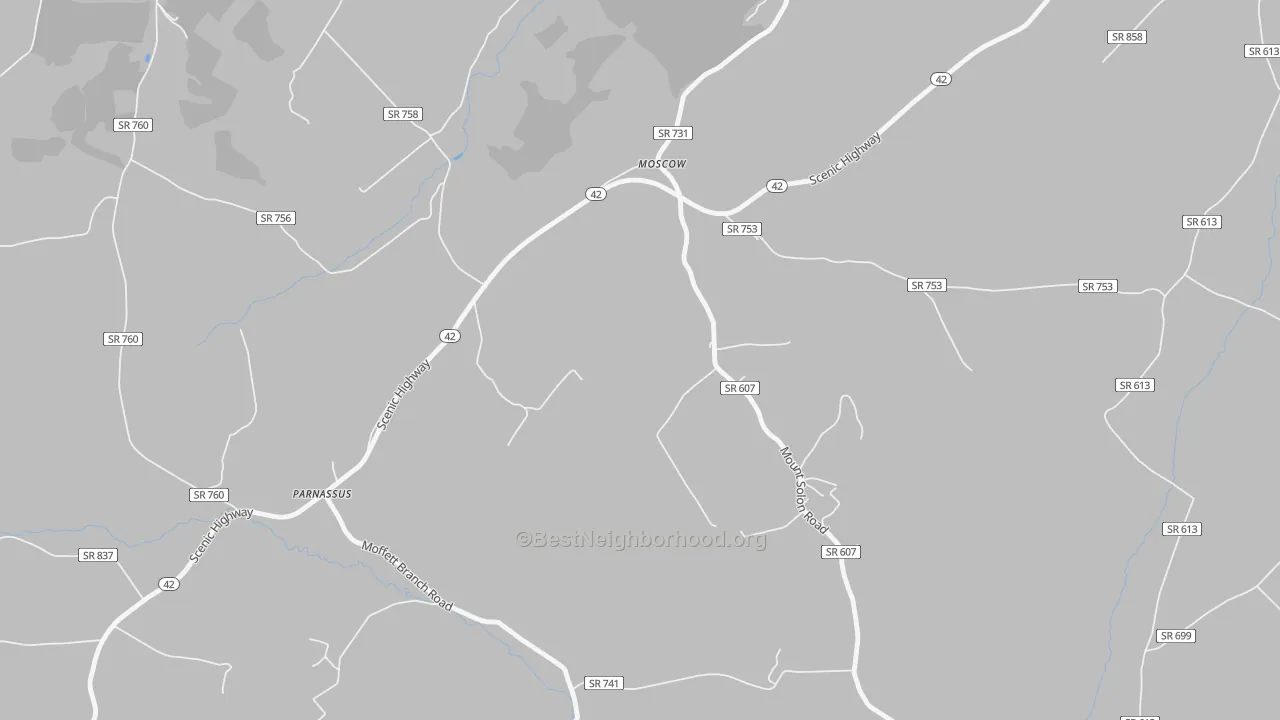 Walk Grade map of Moscow, VA, walkable areas in green and car-dependent areas in red