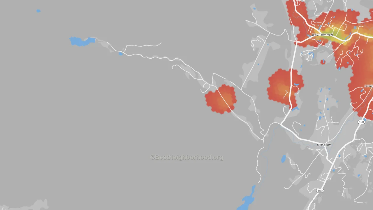 Walk Grade map of Moscow, VT, walkable areas in green and car-dependent areas in red