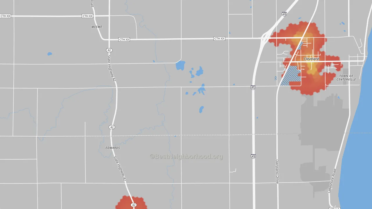 Walk Grade map of Mosel, WI, walkable areas in green and car-dependent areas in red