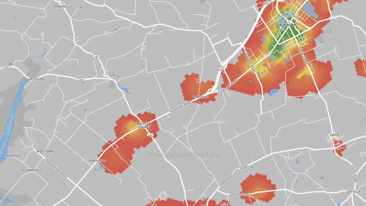 Walk Grade map of Moselem Springs, PA, walkable areas in green and car-dependent areas in red