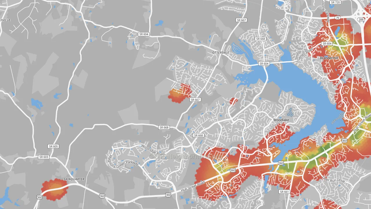 Walk Grade map of Moseley, VA, walkable areas in green and car-dependent areas in red