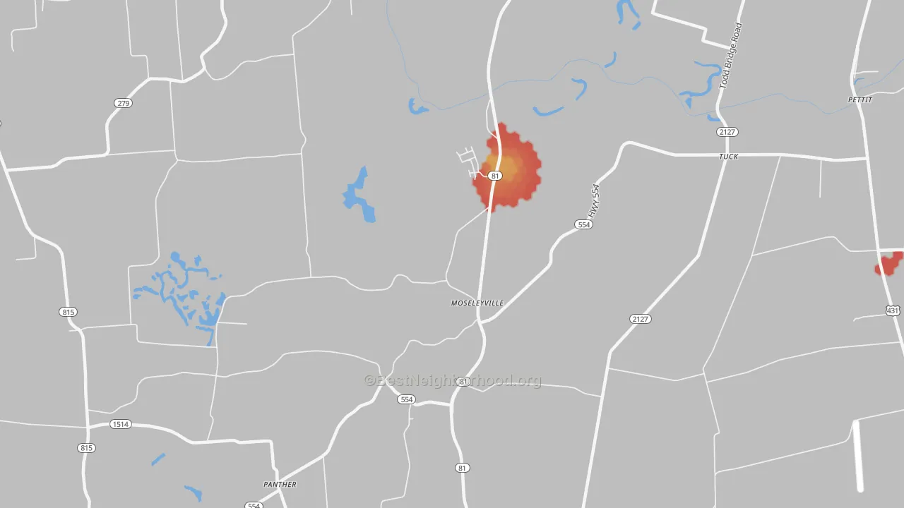Walk Grade map of Moseleyville, KY, walkable areas in green and car-dependent areas in red