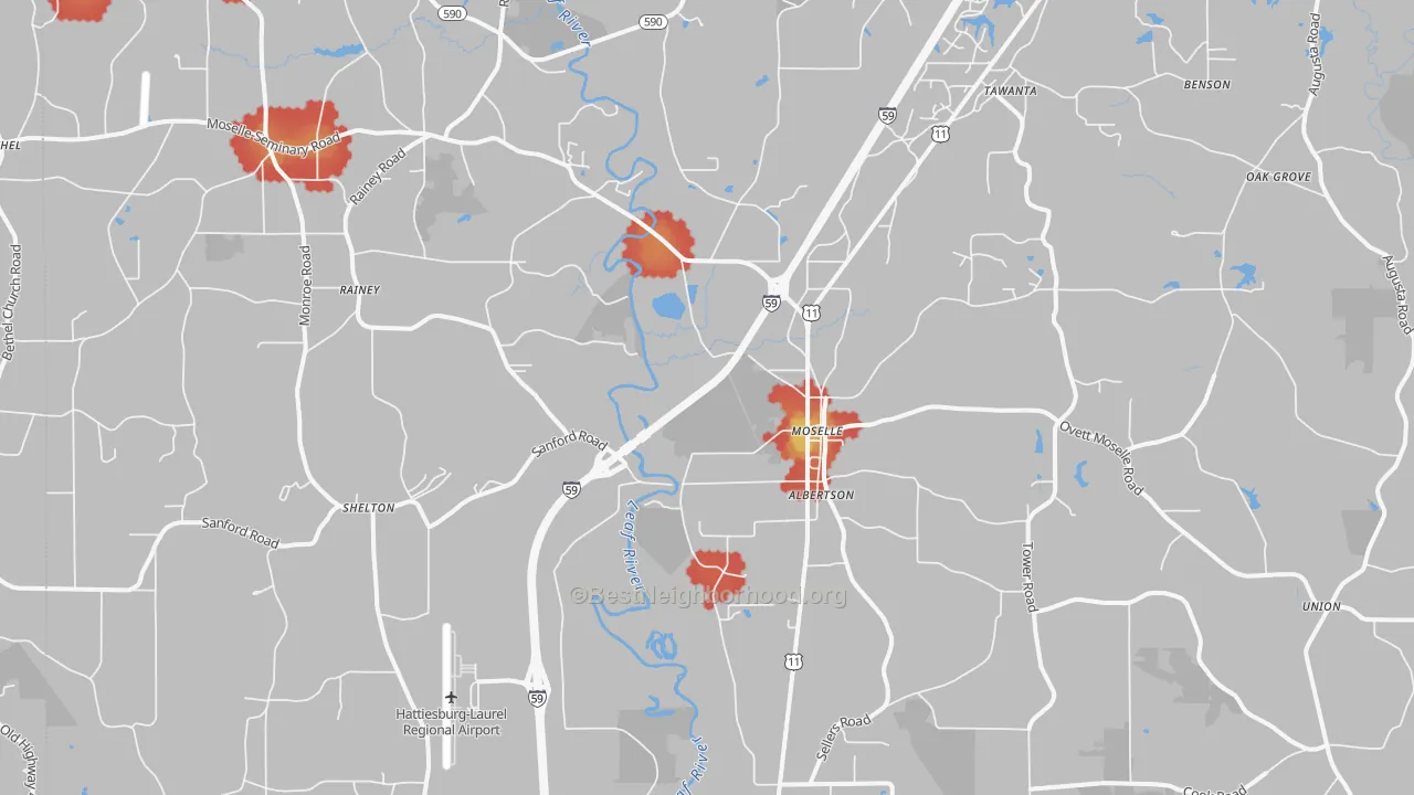 Walk Grade map of Moselle, MS, walkable areas in green and car-dependent areas in red
